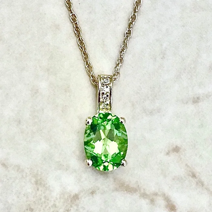 14K Yellow Gold August Birthstone Oval Peridot & Diamond Pendant Necklace