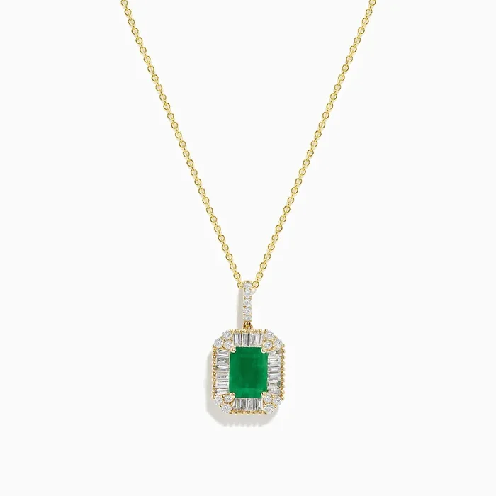 14K Yellow Gold Baguette Diamond Halo Emerald Pendant