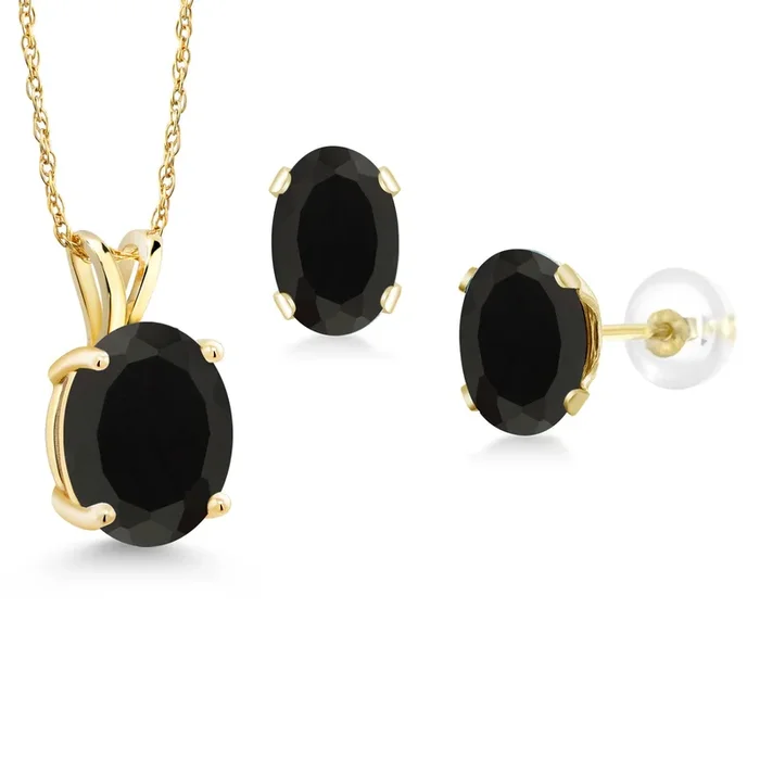 14K Yellow Gold Black Onyx Pendant and Earrings Jewelry Set For Women (5.70 Cttw, Gemstone Birthstone, Oval 10X8MM and 8X6MM, with 18 Inch Chain)