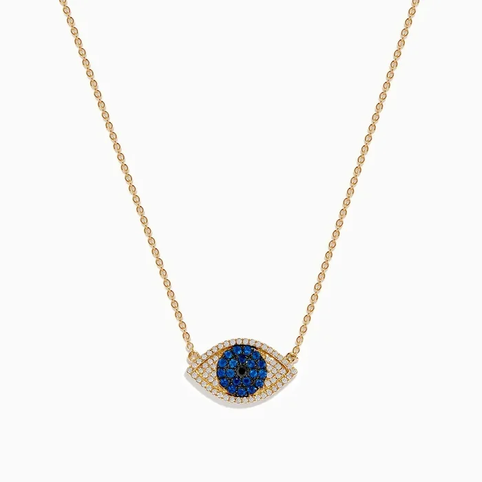 14K Yellow Gold Blue Sapphire and Diamond Evil Eye Necklace