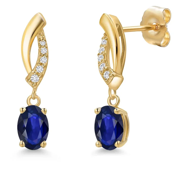 14K Yellow Gold Blue Sapphire and Lab Grown Diamond Earrings for Women | 1.15 Cttw | Gemstone September Birthstone | Oval 6X4MM