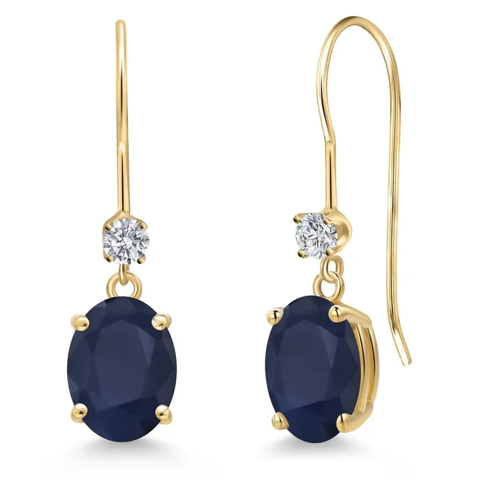 14K Yellow Gold Blue Sapphire and Lab Grown Diamond Earrings for Women | 3.73 Cttw | Gemstone September Birthstone | Oval 8X6MM