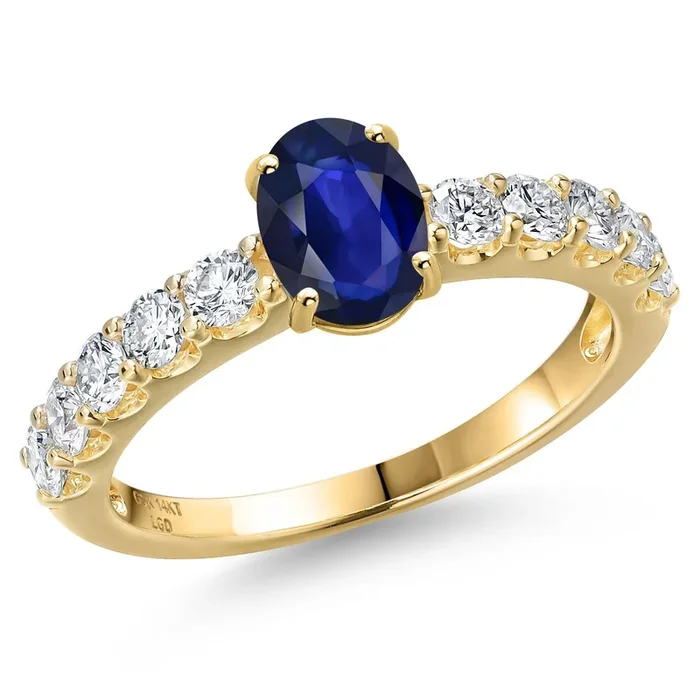 14K Yellow Gold Blue Sapphire and Lab Grown Diamond Engagement Ring For Women | 1.22 Cttw | Oval 7X5MM | Gemstone September Birthstone
