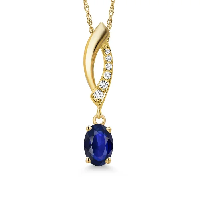 14K Yellow Gold Blue Sapphire and Lab Grown Diamond Pendant Necklace for Women | 0.58 Cttw | Gemstone September Birthstone | Oval 6X4MM | With 18 Inch Chain