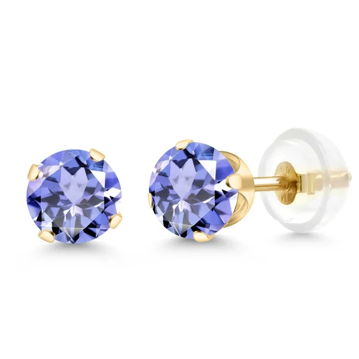 14K Yellow Gold Blue Tanzanite 4-prong Stud Earrings For Women Men (0.92 Cttw, Gemstone Birthstone, Round 5MM)