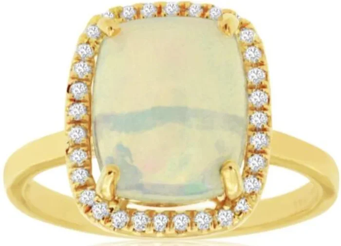 14K Yellow Gold Cabochon Opal And Diamond Halo Ring