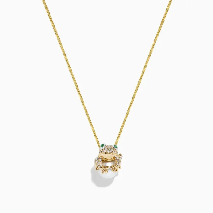 14K Yellow Gold Cultured Pearl and Diamond Frog Pendant, 0.23 TCW