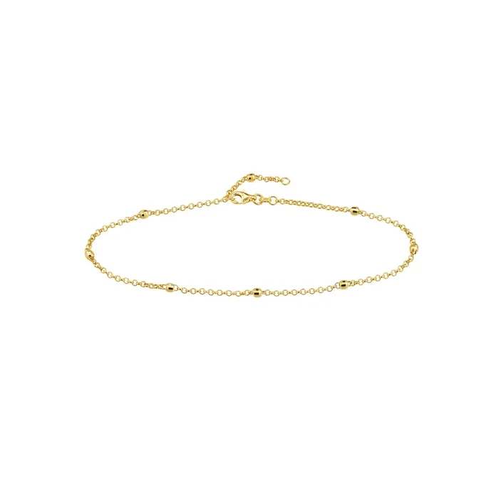 14K Yellow Gold Diamond Cut Bead Station Rolo Anklet