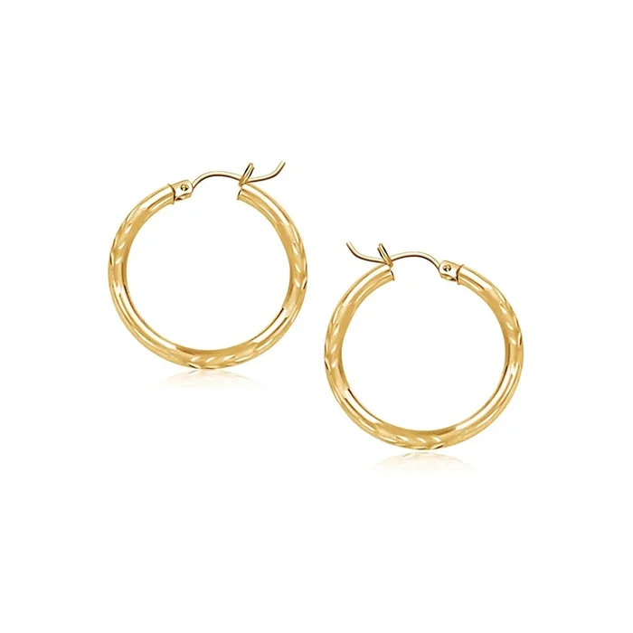 14k Yellow Gold Fancy Diamond Cut Slender Small Hoop Earrings (2x15mm)