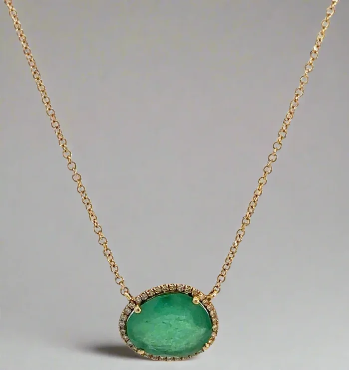 14K Yellow Gold Free-Form Emerald Gemstone + Pave Diamond Adjustable Necklace