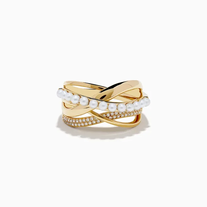 14K Yellow Gold Fresh Water Pearl and Diamond Criss Cross Ring
