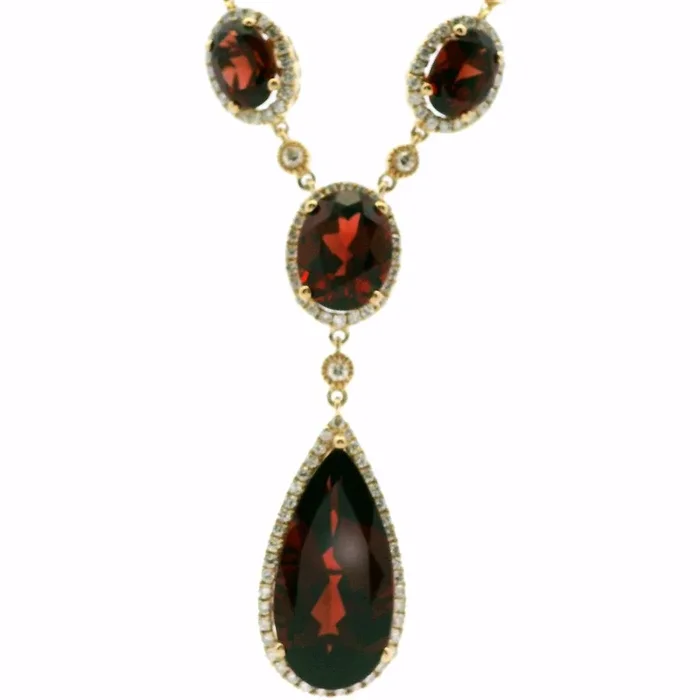14K Yellow Gold Garnets And Diamond Halo Lariat Necklace