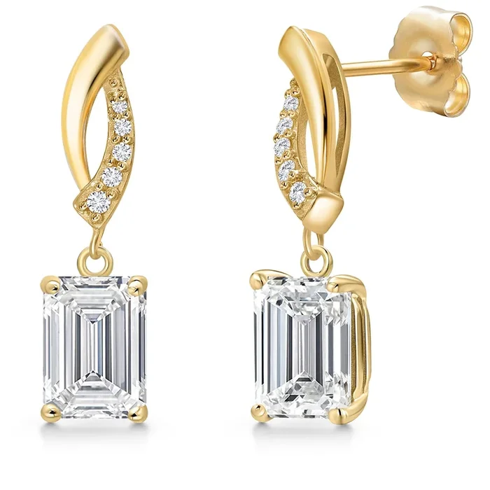 14K Yellow Gold Gemstone Birthstone and Lab Grown Diamond Dangle Earrings For Women | Emerald Cut 7X5MM | Fine Jewelry Gifts for Her Mom Women Wife
