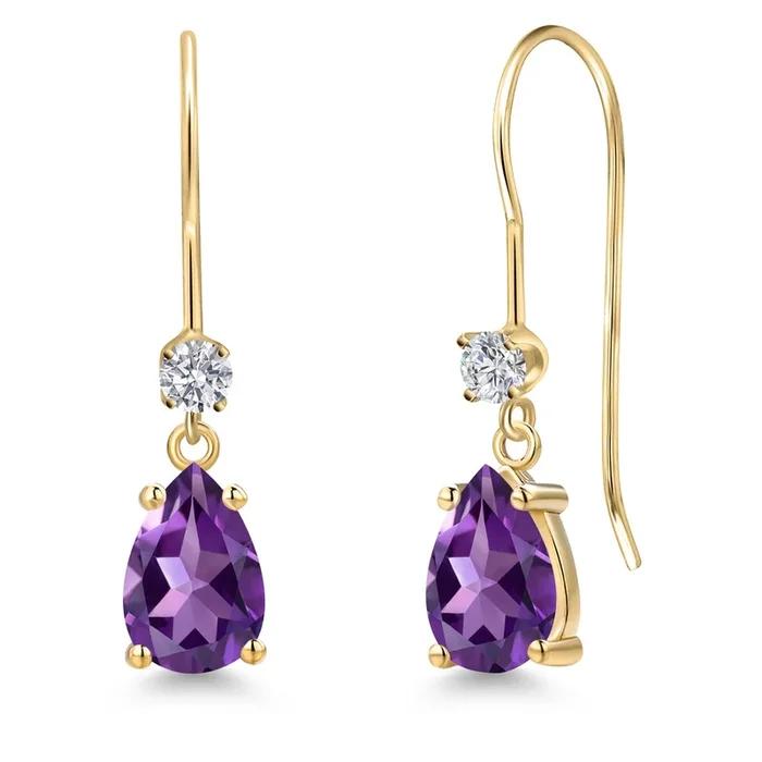 14K Yellow Gold Gemstone Birthstone and Lab Grown Diamond French Wire Dangle Hook Earrings for Women | Pear Shape 7X5MM and Round 2.5MM | Fine Jewelry for Her Mom Women Wife