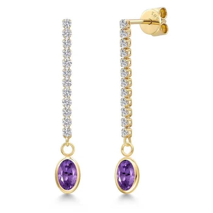 14K Yellow Gold Gemstone Birthstone and Lab Grown Diamond Long Liner Chain Dangle Earrings for Women | Oval 6X4MM and Round 1.5MM Accents | Gold Chain Drop Earrings
