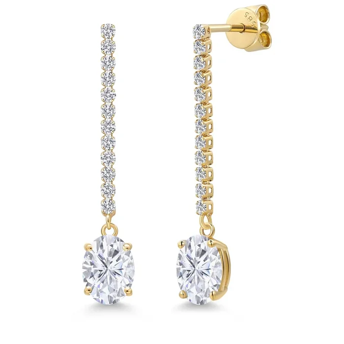 14K Yellow Gold Gemstone Birthstone and White Lab Grown Diamond Long Liner Dangle Earrings for Women | Oval Cut 8X6MM | Round 1.5MM | Yellow Gold Chain Drop Earrings