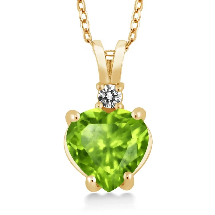 14K Yellow Gold Green Peridot and White Diamond Pendant Necklace For Women (1.57 Cttw, Gemstone Birthstone, Heart Shape 8MM, with 18 Inch Chain)