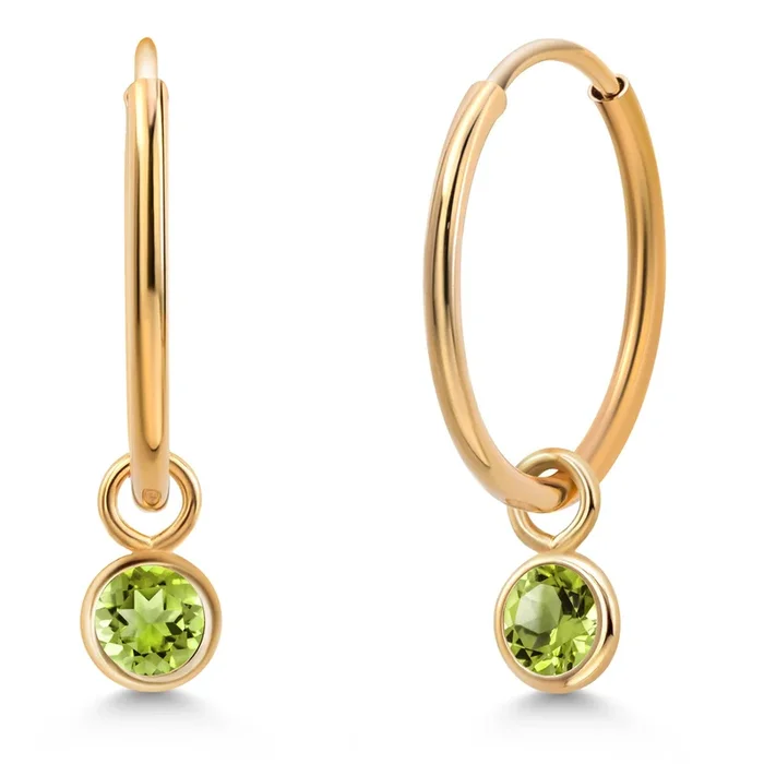 14K Yellow Gold Green Peridot Snap Closure Continuous Endless Drop Dangle Hoop Earrings For Women (0.24 Cttw, Round 3MM)