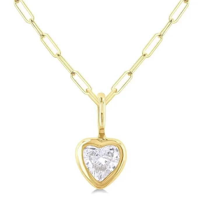 14K Yellow Gold Heart Natural Diamonds Bezel Set Solitaire Pendant Necklace