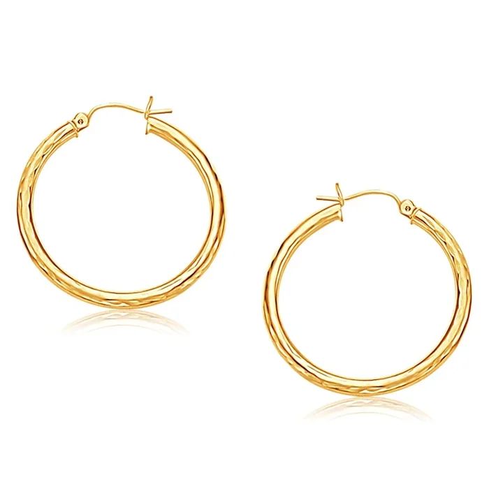 14k Yellow Gold Hoop Earring with Diamond-Cut Finish (3x30mm)