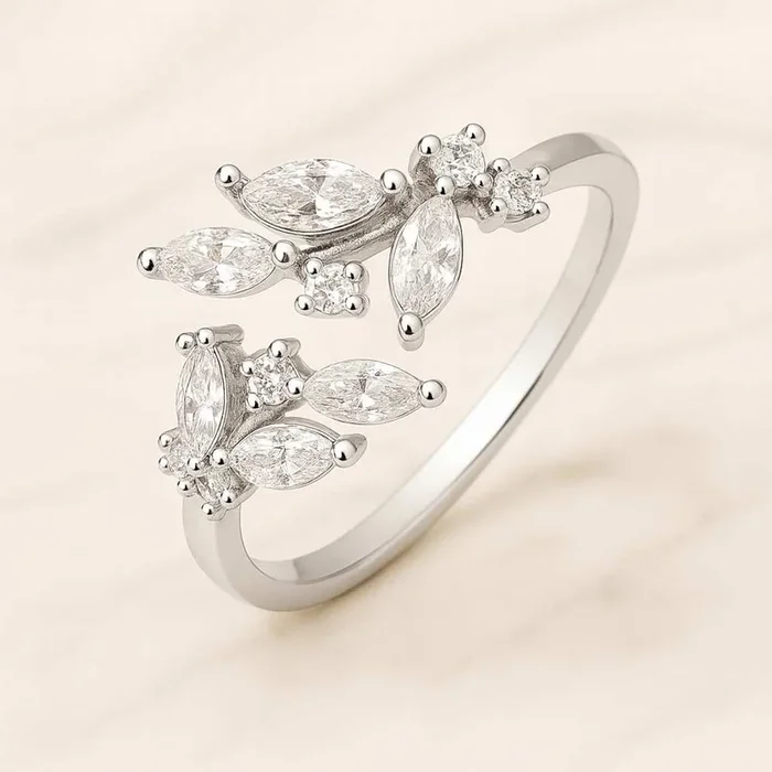 14K Yellow Gold Leaf Inspired CVD Diamond Anniversary Ring