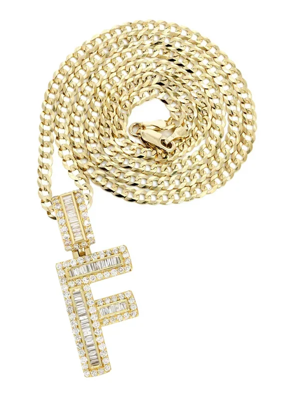14K Yellow Gold Letter “F” Baguette Diamond Necklace | 1.82 Carats