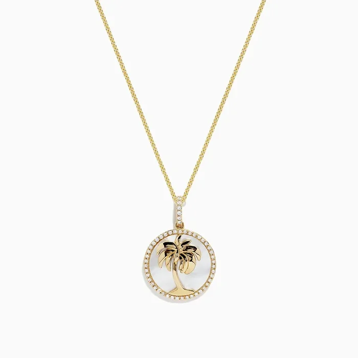 14K Yellow Gold Mother of Pearl and Diamond Palm Tree Pendant, 0.18 TW