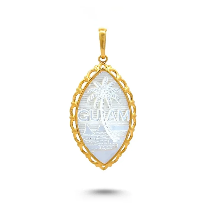 14K Yellow Gold Mother of Pearl Guam Seal Plain Wave Pendant