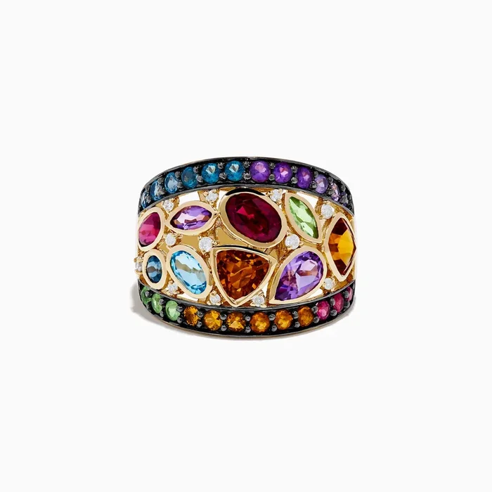 14K Yellow Gold Multi Color Gemstone and Diamond Ring