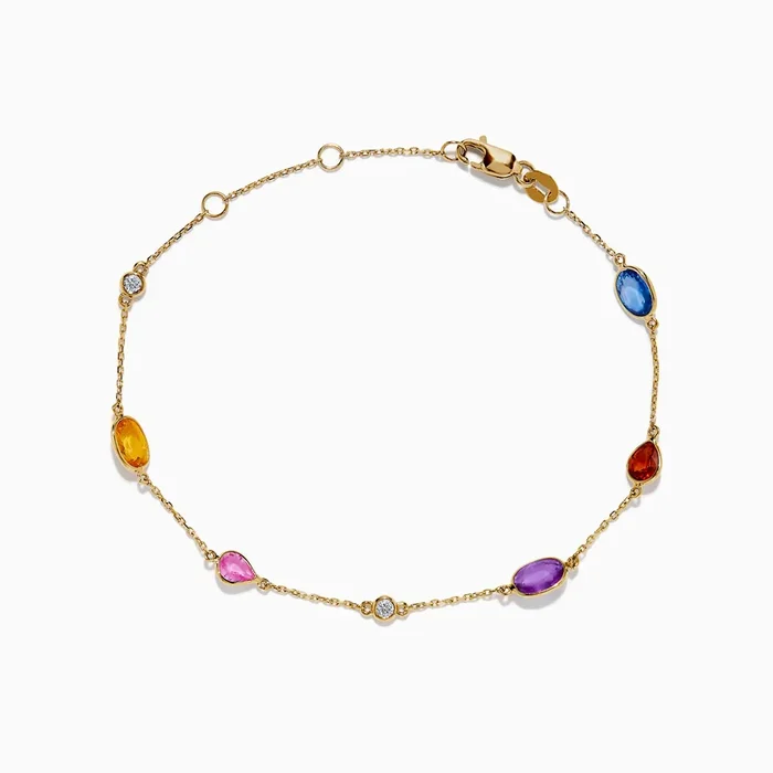 14K Yellow Gold Multi Color Sapphire and Diamond Station Bracelet
