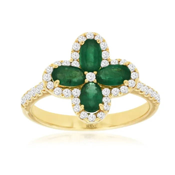 14K Yellow Gold Oval Emeralds And Diamond Flower Ring