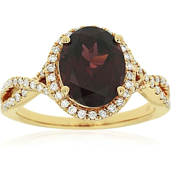 14K Yellow Gold Oval Garnet And Diamond Halo Ring