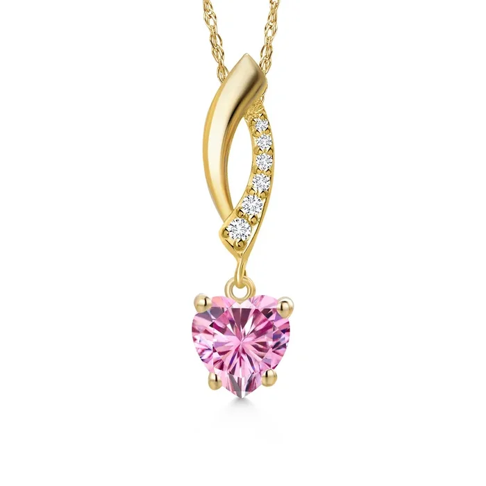 14K Yellow Gold Pink Moissanite and Lab Grown Diamond Pendant Necklace for Women | 1.10 Cttw | Gemstone Birthstone | Heart Shape 6.5MM | With 18 Inch Chain