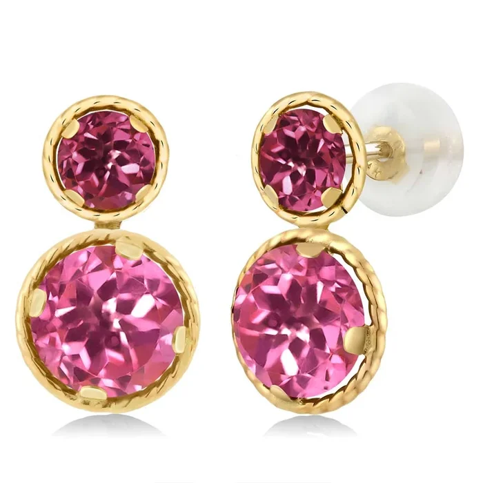 14K Yellow Gold Pink Mystic Topaz and Pink Tourmaline Earrings For Women (2.48 Cttw, Gemstone November Birthstone, Round Cut 6MM and 4MM)
