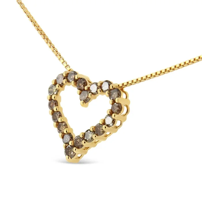 14K Yellow Gold Plated .925 Sterling Silver 1.0 Cttw Champagne Diamond Heart Pendant Necklace (K-L Color, I1-I2 Clarity) – 18″