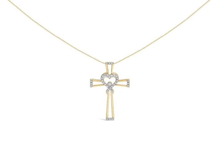 14K Yellow Gold Plated .925 Sterling Silver 1/6 Cttw Diamond Interlocking Heart and Ribbon Cross Pendant Necklace (H-I Color, I2-I3 Clarity) – 18″ Inches