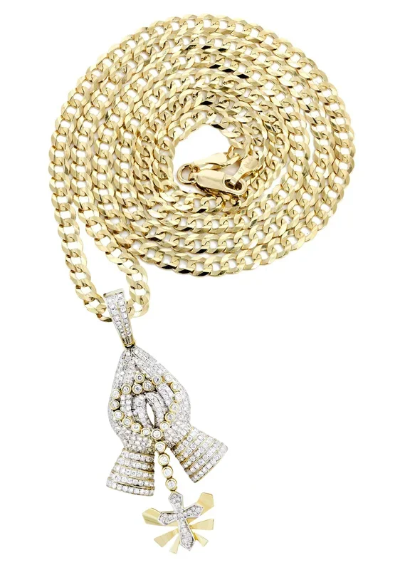 14K Yellow Gold Praying Hands Diamond Necklace | 3.01 Carats