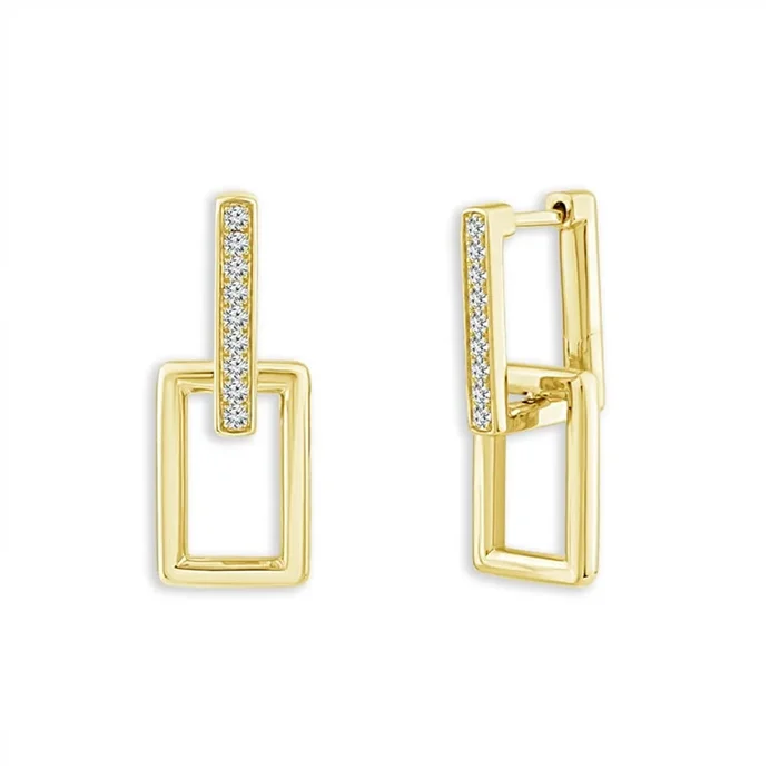 14K Yellow Gold Rectangular Natural Diamonds Hoop Earrings