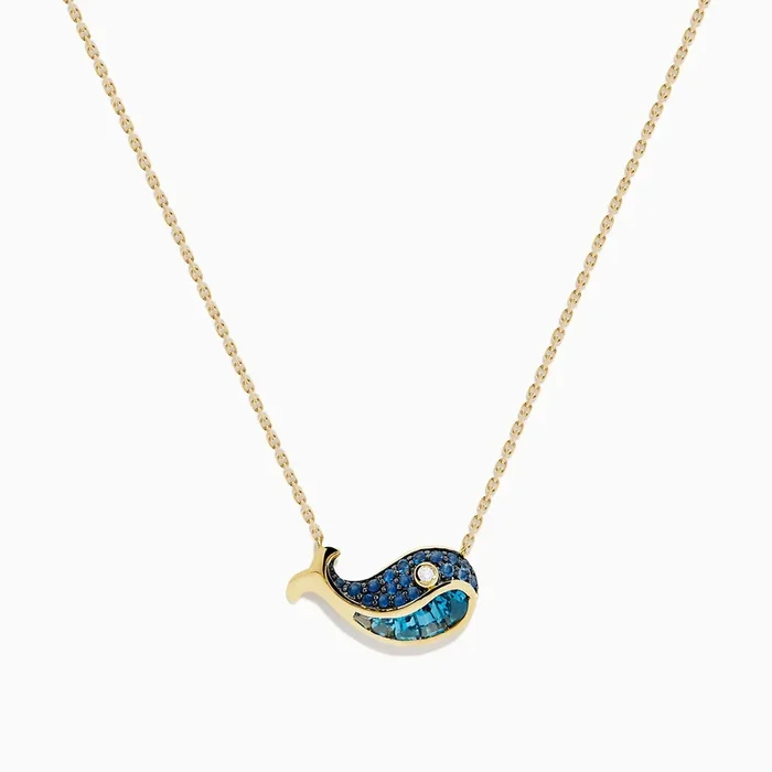 14K Yellow Gold Sapphire, Blue Topaz, and Diamond Whale Necklace