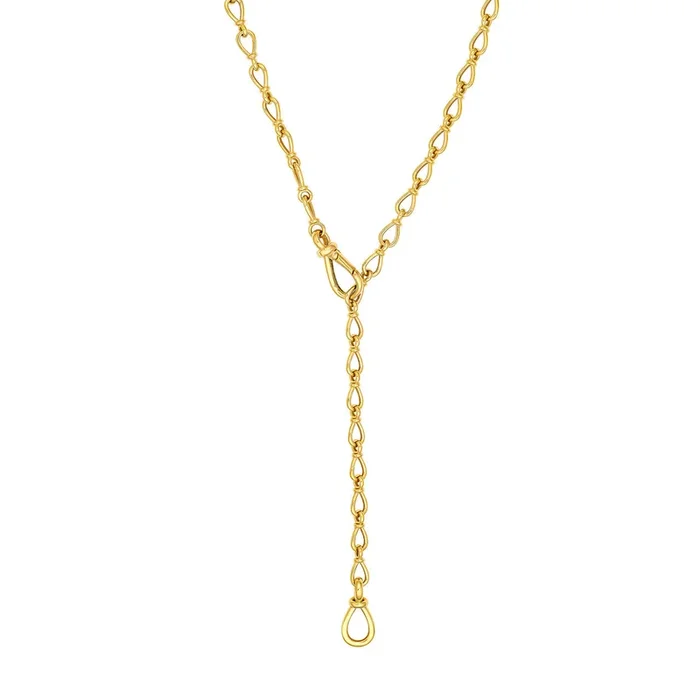 14K Yellow Gold Teardrop Link Lariat Necklace 24″