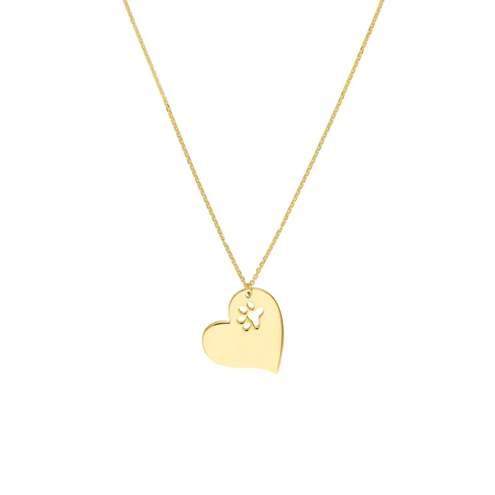 14K Yellow Gold Tilted Heart With Paw Cutout Necklace