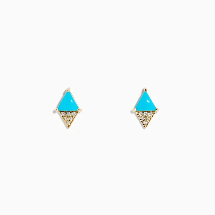 14K Yellow Gold Turquoise and Diamond Stud Earrings