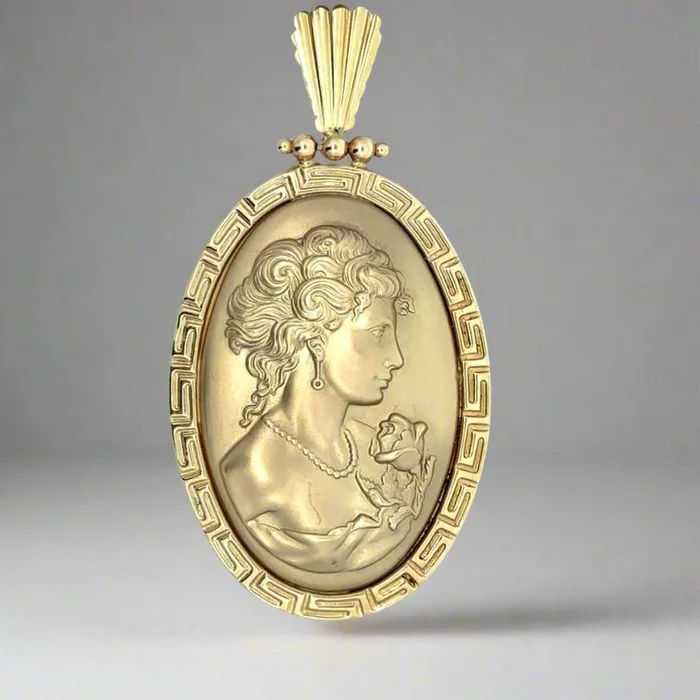 14K Yellow Gold Vintage Lady’s Portrait with a Rose Unisex Pendant