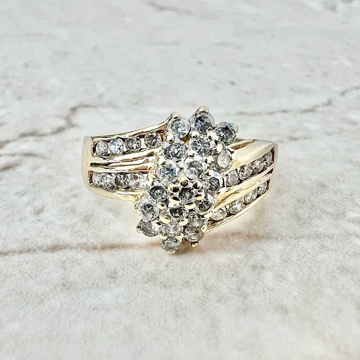 14K Yellow Gold Waterfall 0.85 Carat Diamond Cluster Ring