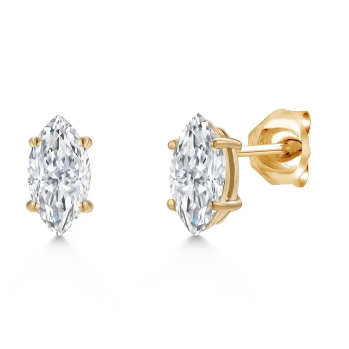 14K Yellow Gold White Moissanite Doble Notch Stud Earrings For Women Men | 1.00 Cttw | Gemstone Birthstone | Marquise 8X4MM