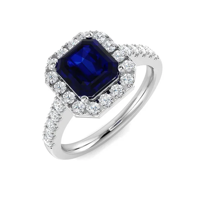 14KT Gold Emerald Cut Blue Sapphire and Diamond Halo Ring (Sapphire 1.50 cts, Diamond 0.35 cts)