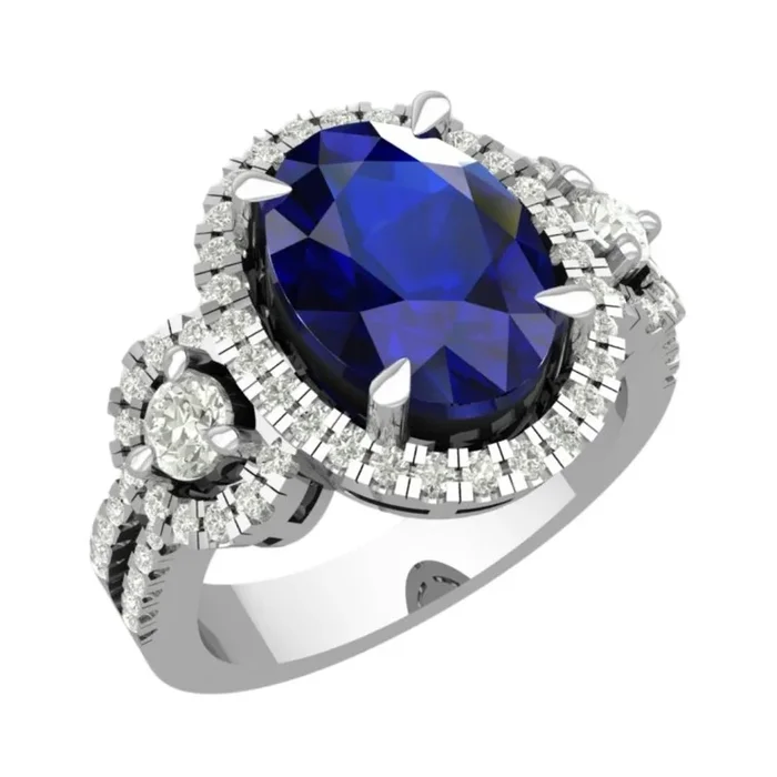 14KT Gold Oval Blue Sapphire and Diamond Double Halo Ring with Accents (Sapphire 1.40 cts, Diamond 0.66 cts)