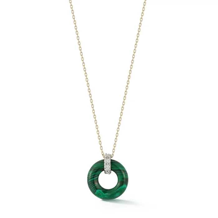 14kt Malachite Donut and Diamond Door Knocker Necklace