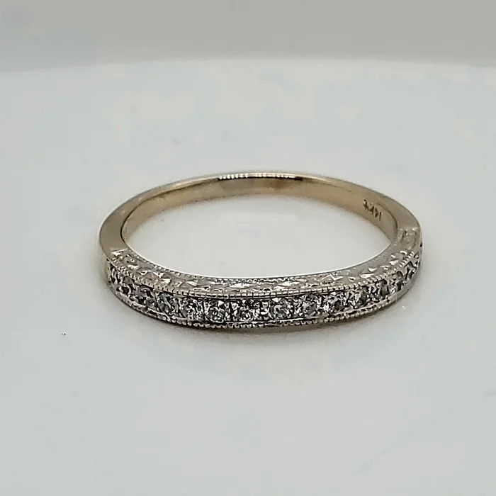 14Kt White Gold And Diamond Engraved Finish Wedding Band