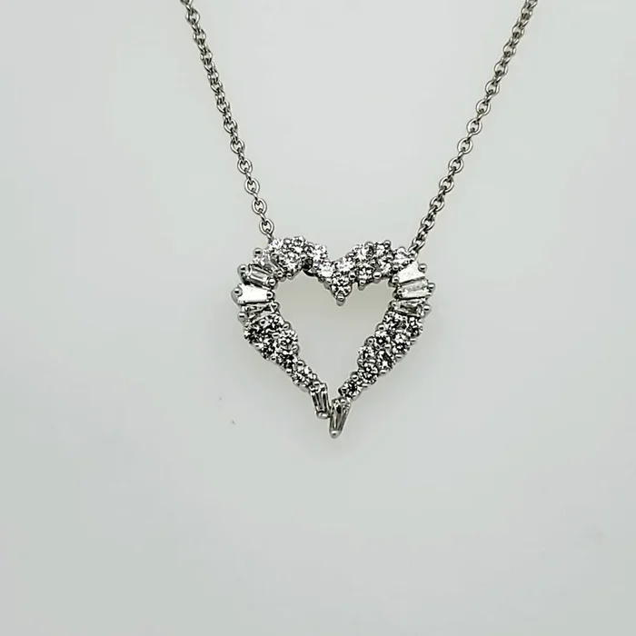 14kt White Gold Round and Baguette Cut Diamond Heart Pendant